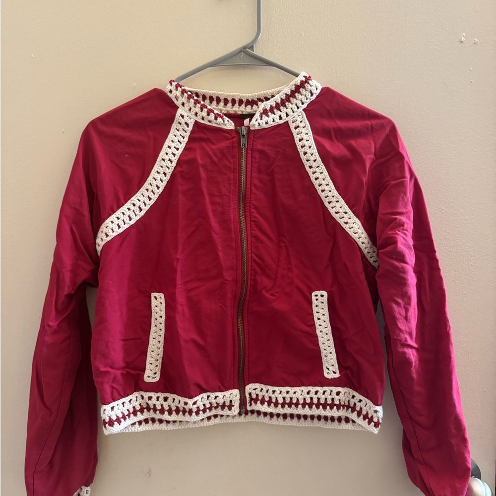 Free People Red Bomber Jacket with White Crochet Trim